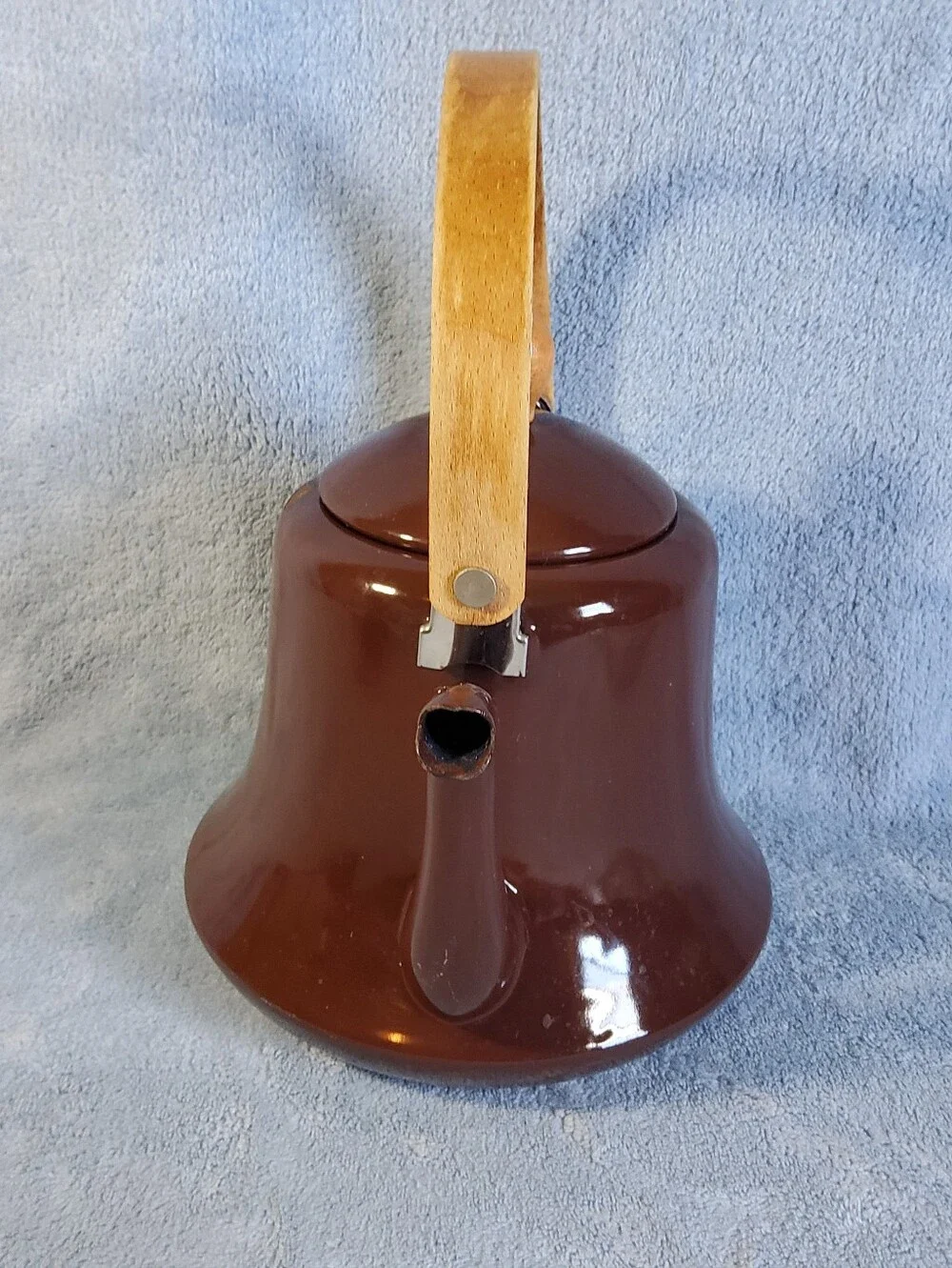 Vintage Brown Enamelware Tea Kettle Blue Speckled Interior Kitchenware Cowboy